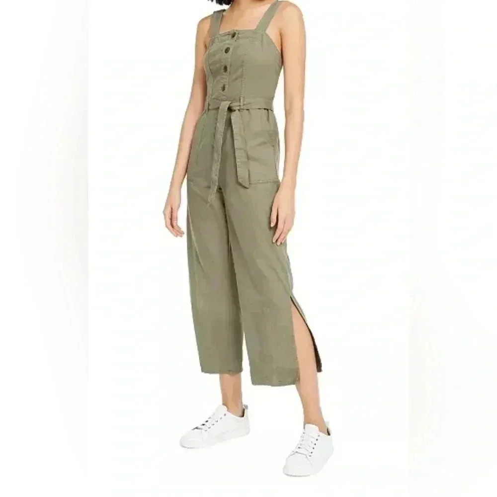 OAT New York Womens XS Smocked Sleeveless Belted Jumpsuit One Piece Olive Green